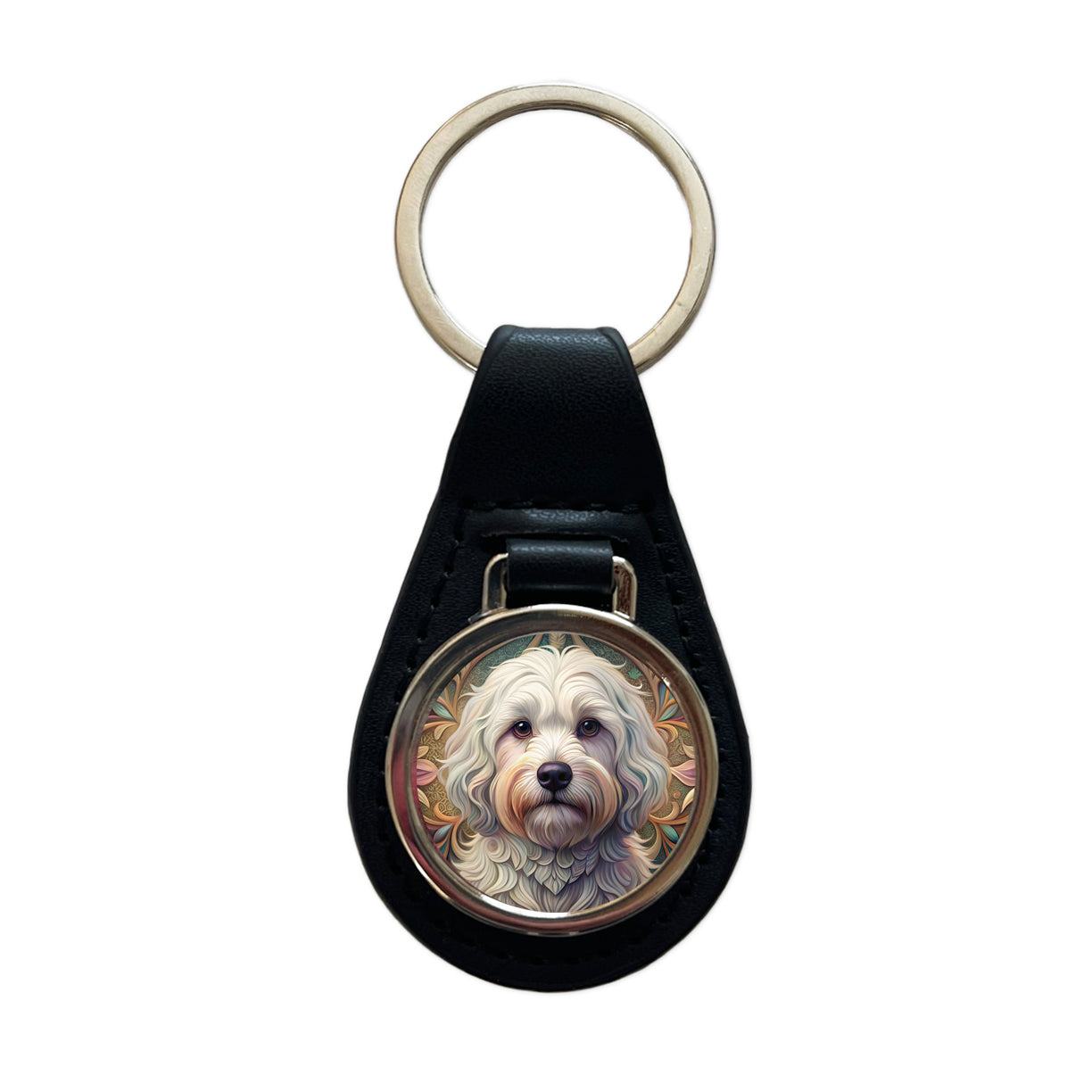Coton De Tulear Dog Art Nouveau Black Leather Metal Keychain