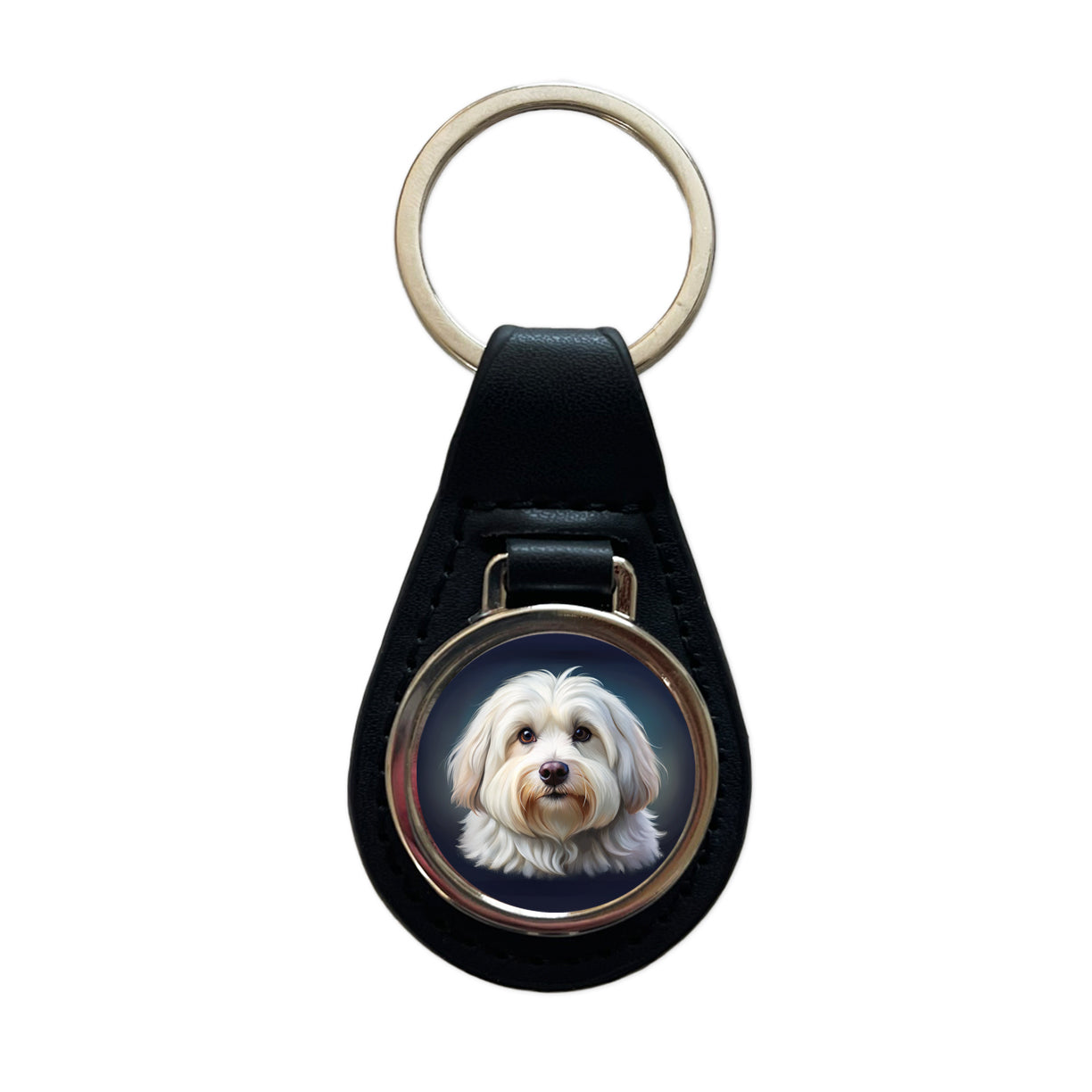 Coton De Tulear Dog Illustration Black Leather Metal Keychain