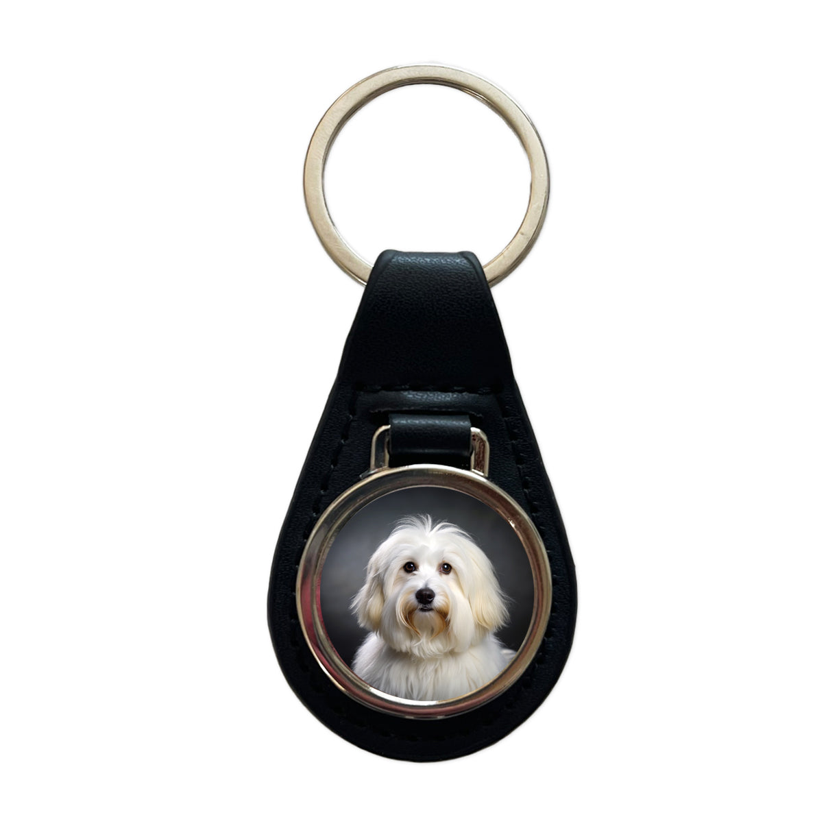 Coton De Tulear Dog Photo Black Leather Metal Keychain