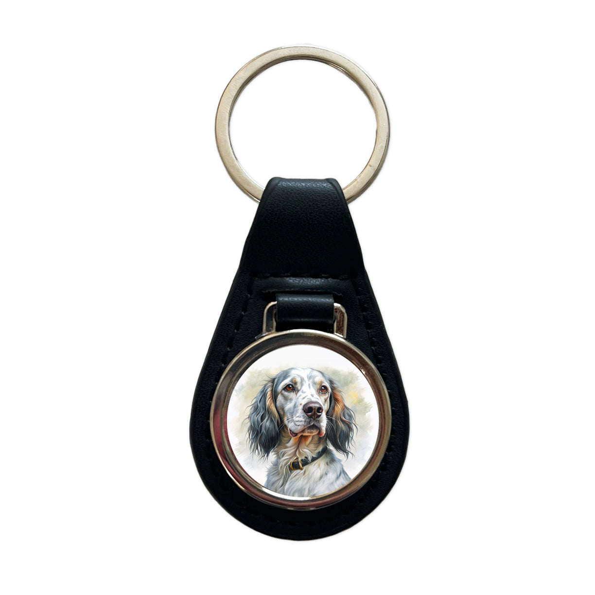 English Setter Dog Illustration Black Leather Metal Keychain