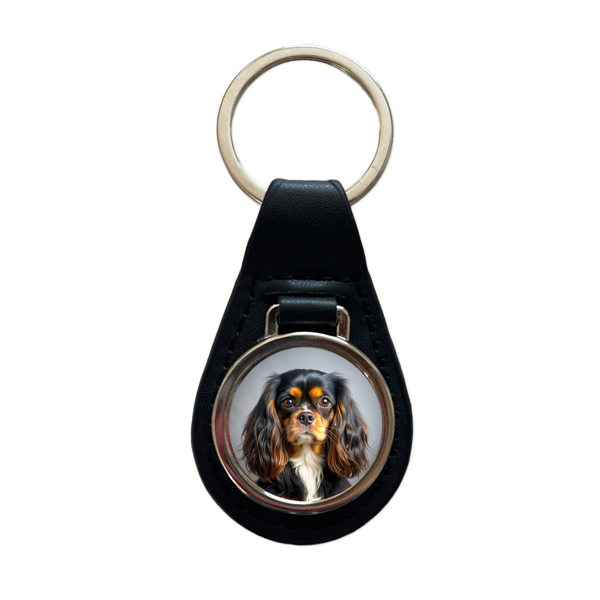 English Toy Spaniel Dog Photo Black Leather Metal Keychain
