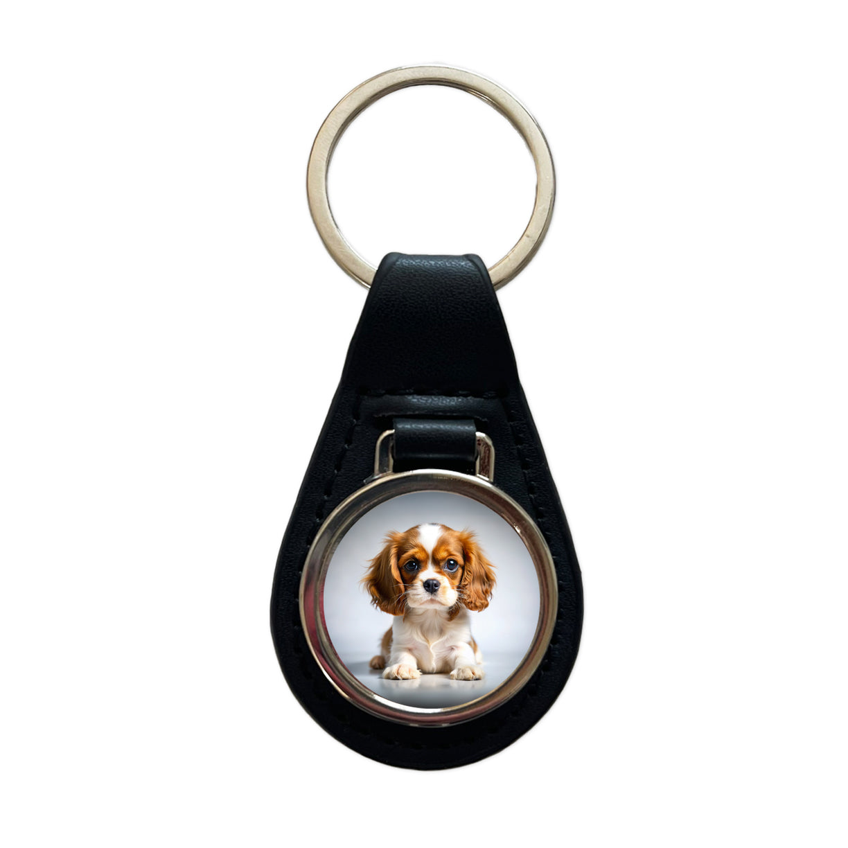 English Toy Spaniel Dog Puppy Photo Black Leather Metal Keychain