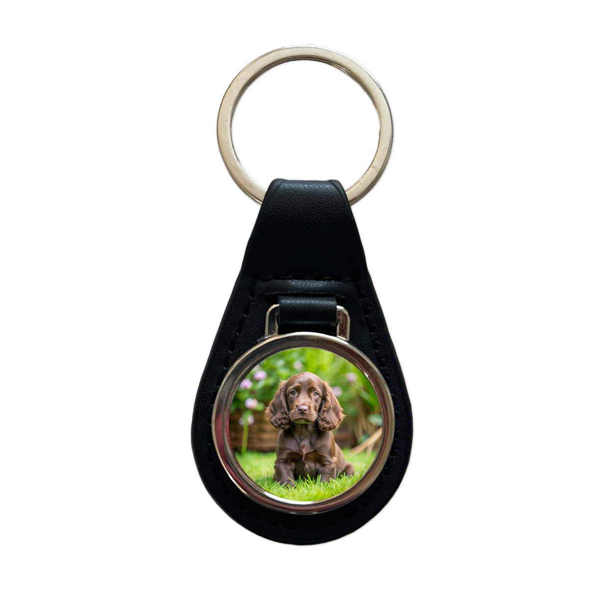 Field Spaniel Dog Puppy Photo Black Leather Metal Keychain