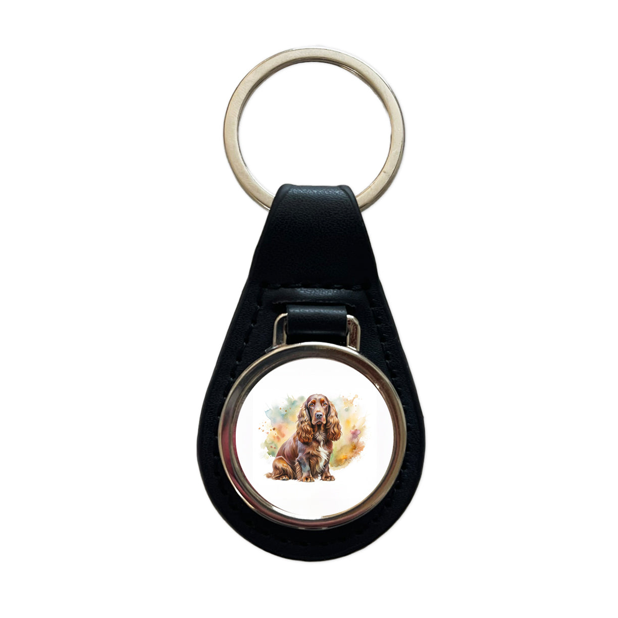 Field Spaniel Dog Watercolor Style Black Leather Metal Keychain