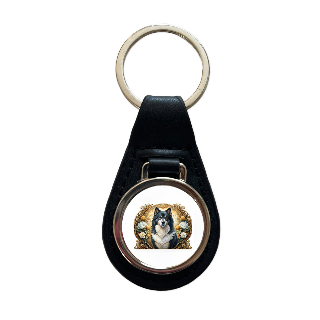 Finnish Lapphund Dog Art Nouveau Black Leather Metal Keychain