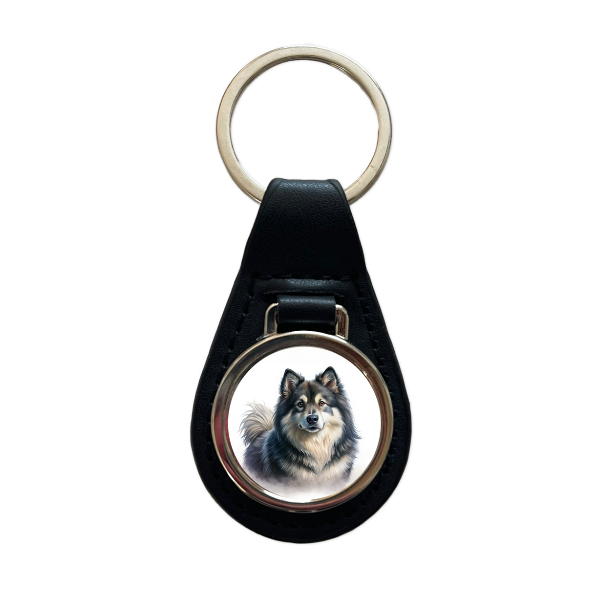 Finnish Lapphund Dog Illustration Black Leather Metal Keychain