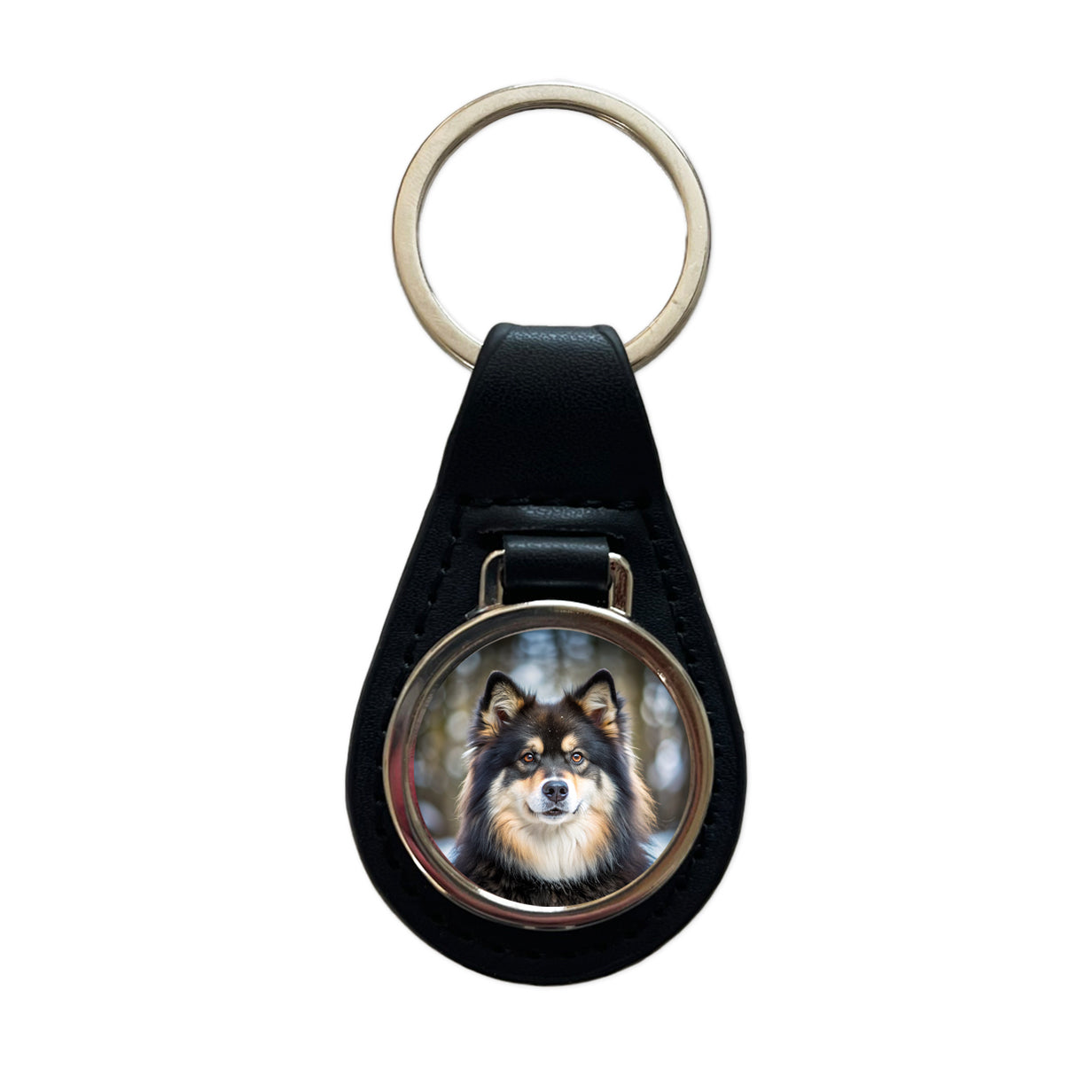 Finnish Lapphund Dog Photo Black Leather Metal Keychain