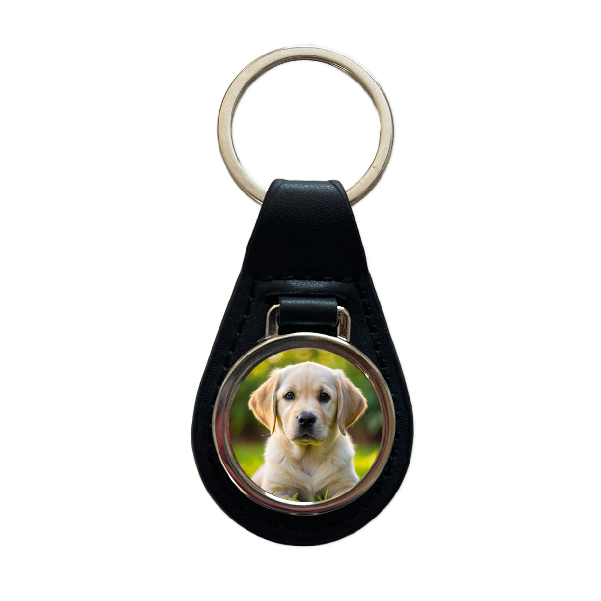 Goldador Dog Puppy Photo Black Leather Metal Keychain