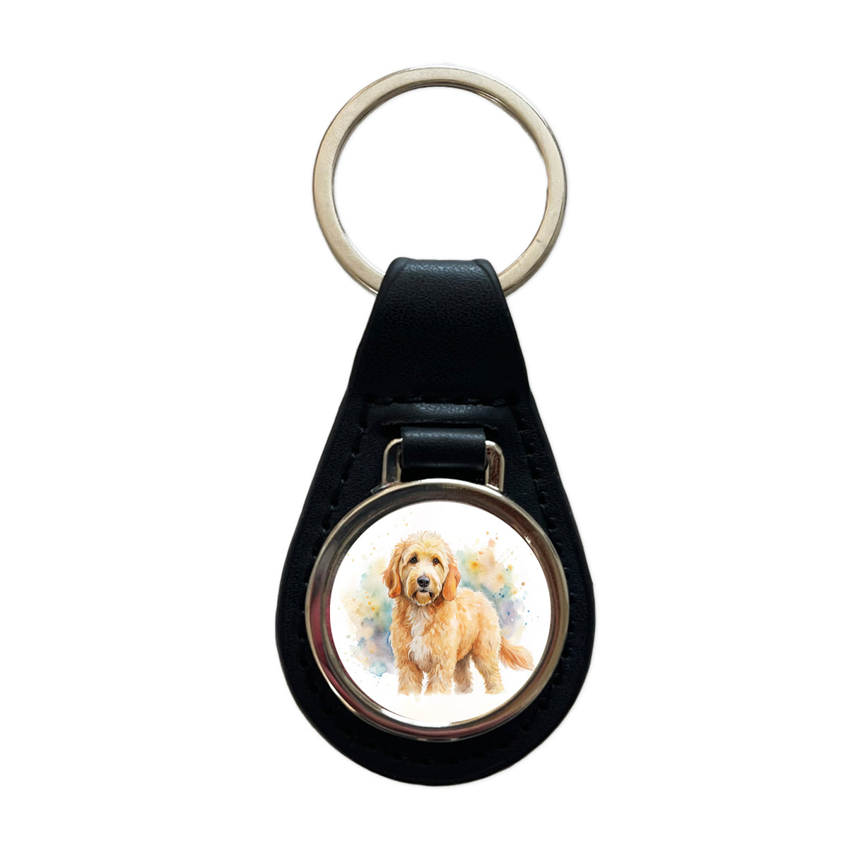 Goldendoodle Dog Watercolor Style Black Leather Metal Keychain