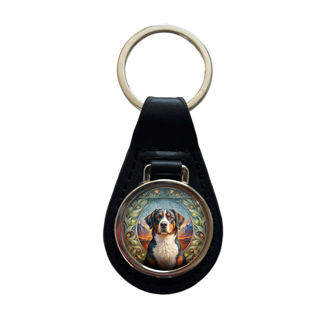Greater Swiss Mountain Dog Art Nouveau Black Leather Metal Keychain