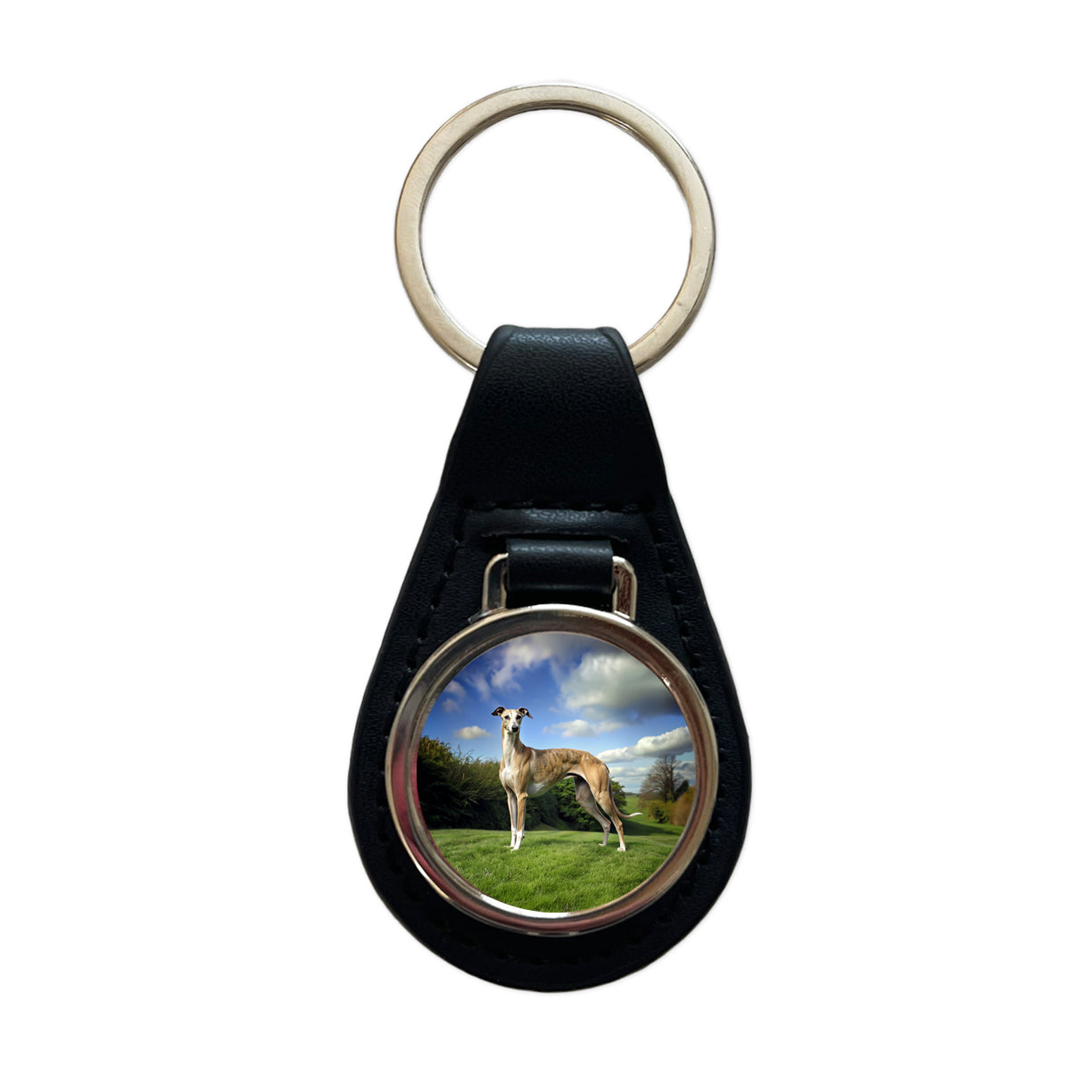 Greyhound Dog Photo Black Leather Metal Keychain