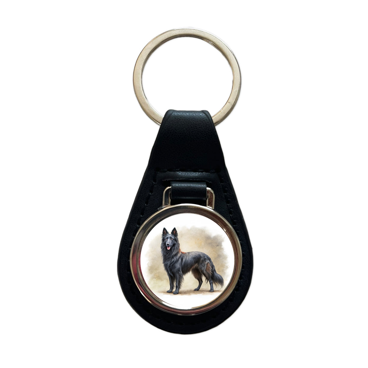 Groenendael Belgian Sheepdog Dog Illustration Black Leather Metal Keychain