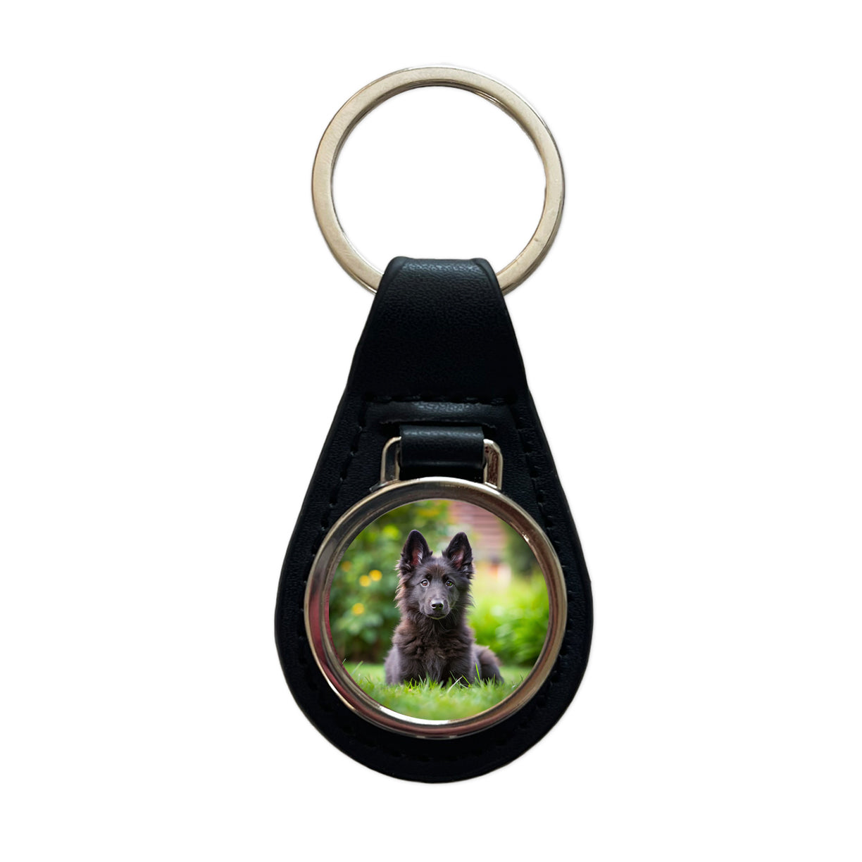 Groenendael Belgian Sheepdog Dog Puppy Photo Black Leather Metal Keychain