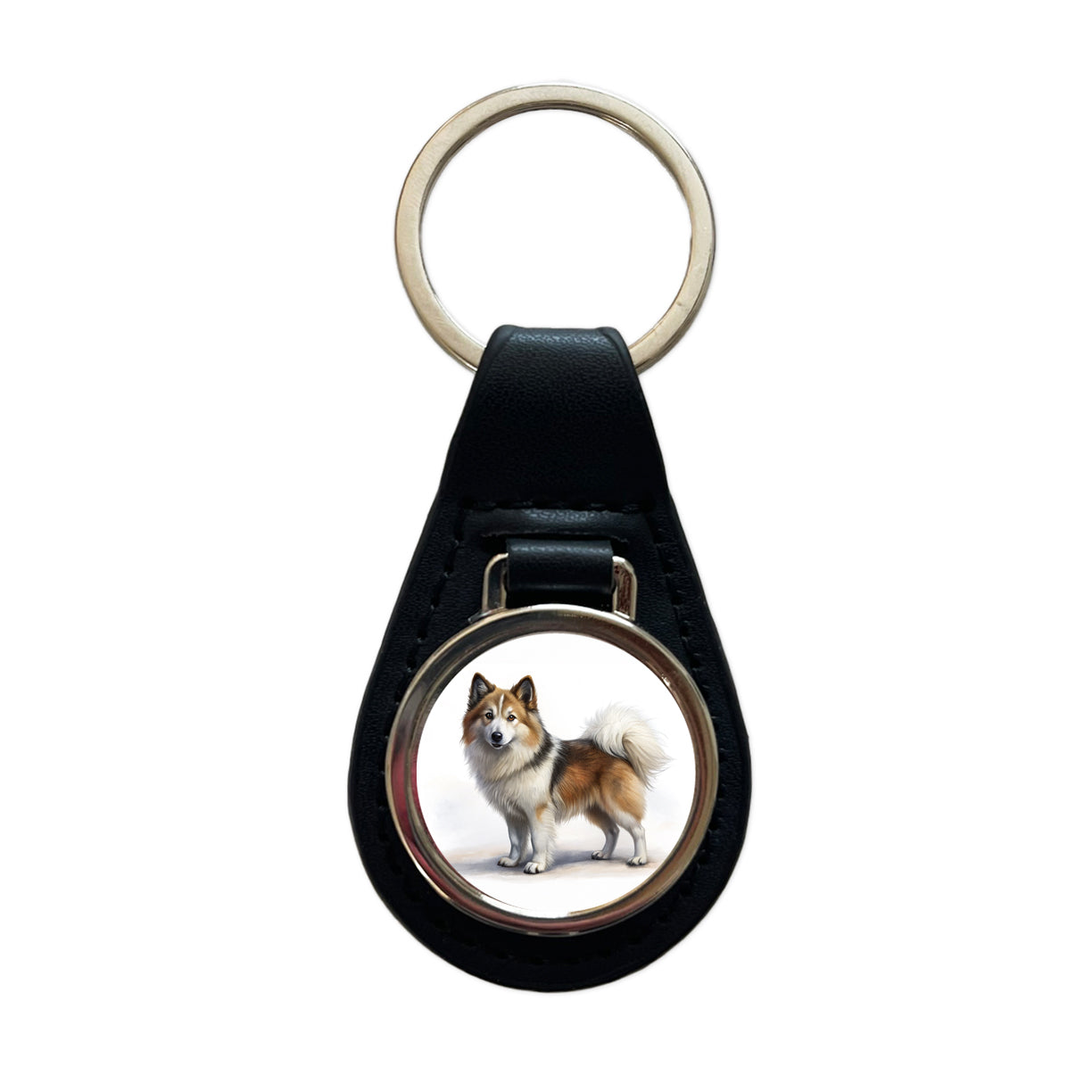 Icelandic Sheepdog Dog Illustration Black Leather Metal Keychain