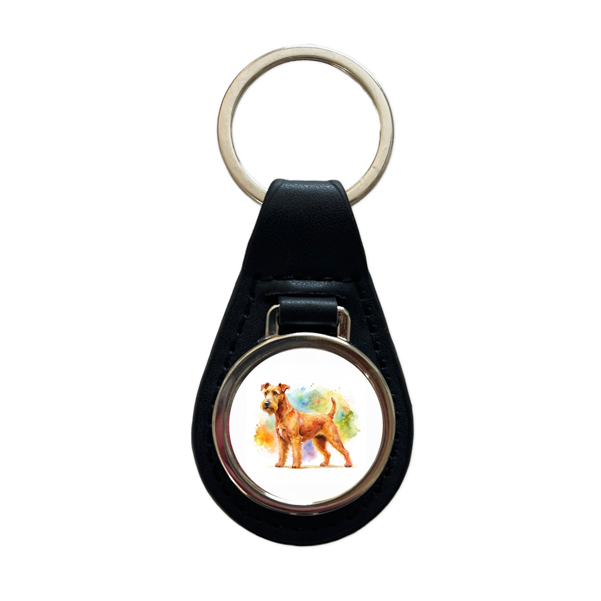 Irish Terrier Dog Watercolor Style Black Leather Metal Keychain