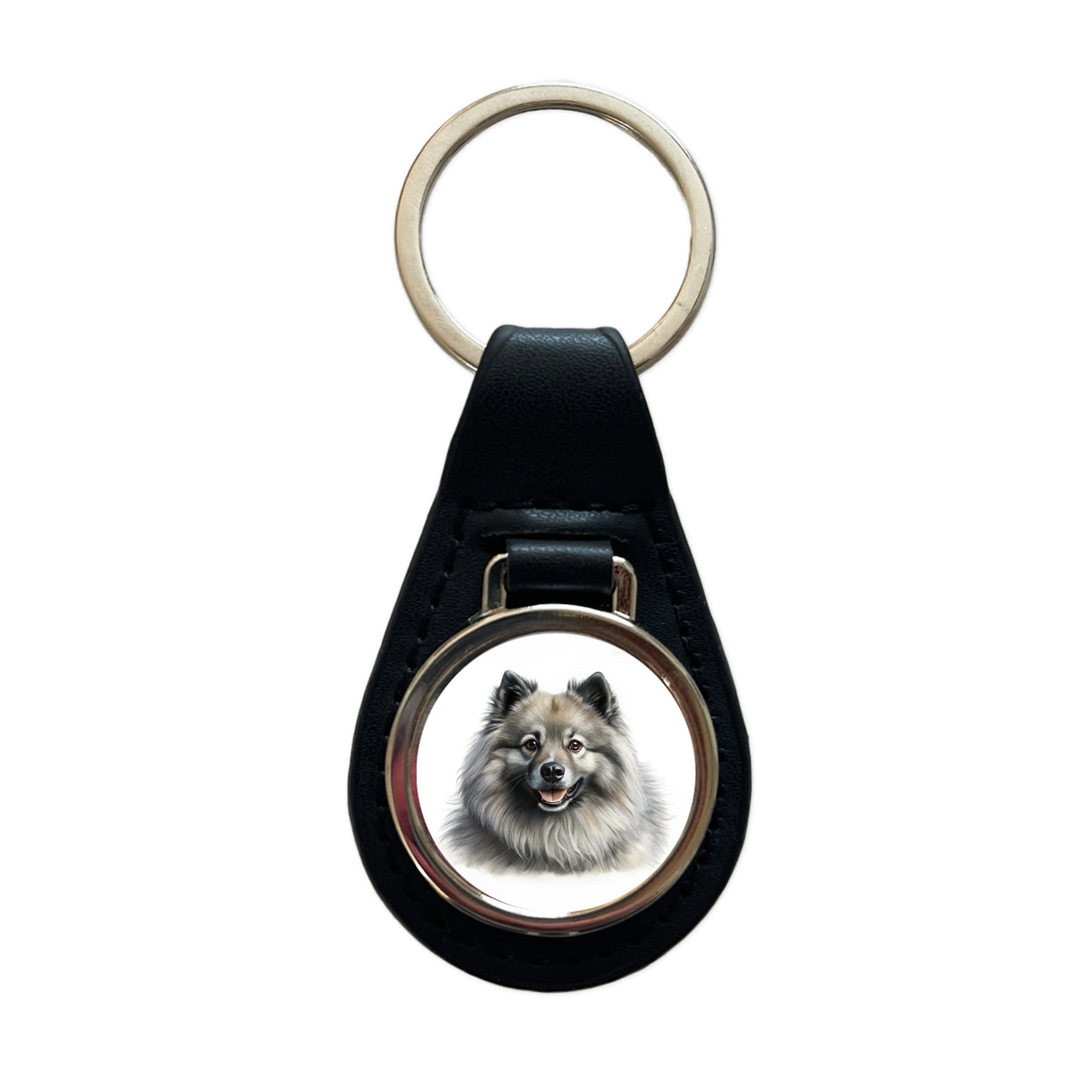 Keeshond Dog Illustration Black Leather Metal Keychain