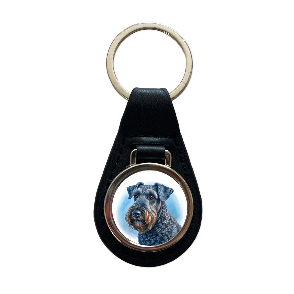Kerry Blue Terrier Dog Illustration Black Leather Metal Keychain