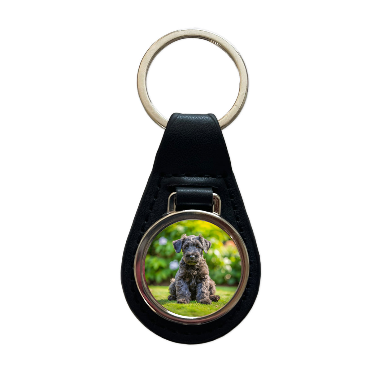 Kerry Blue Terrier Dog Puppy Photo Black Leather Metal Keychain