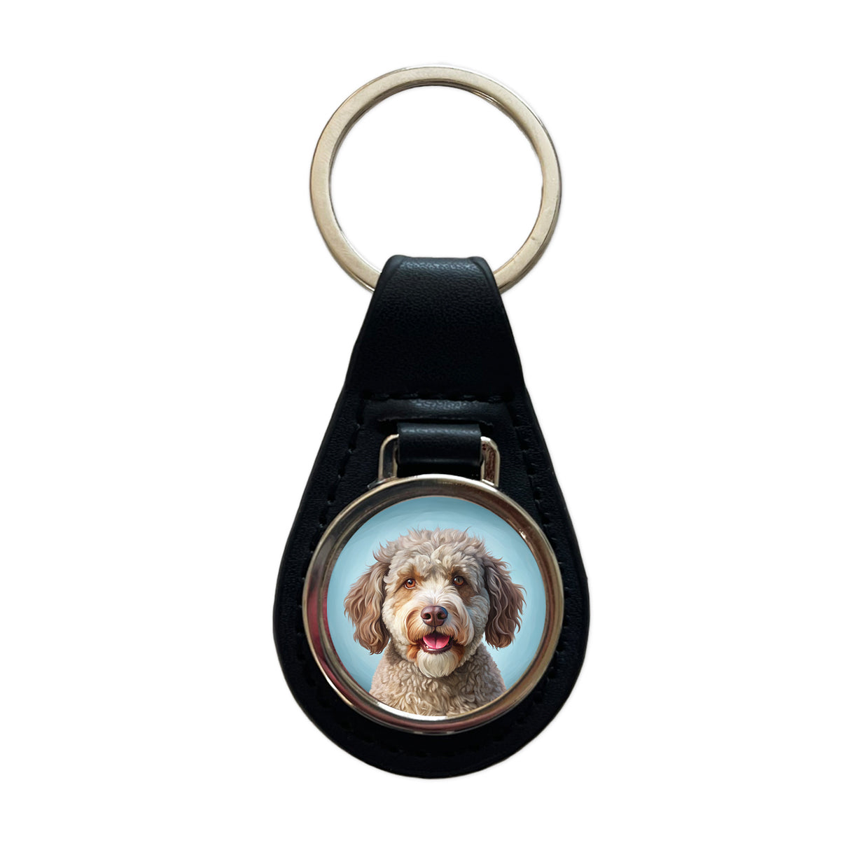 Lagotto Romagnolo Dog Illustration Black Leather Metal Keychain