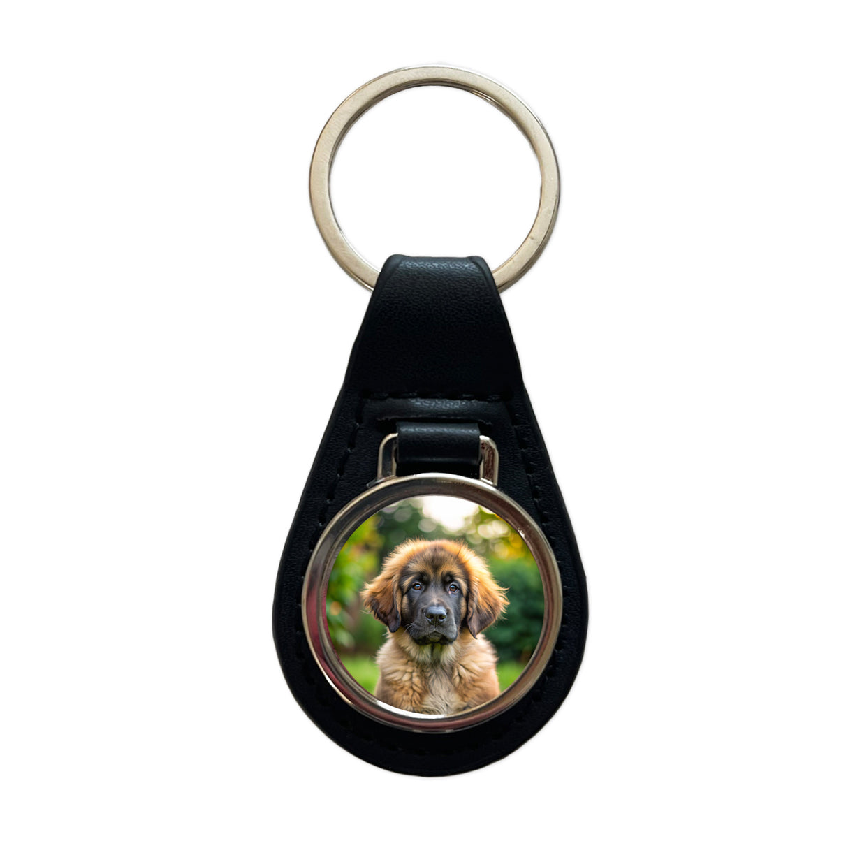 Leonberger Dog Puppy Photo Black Leather Metal Keychain