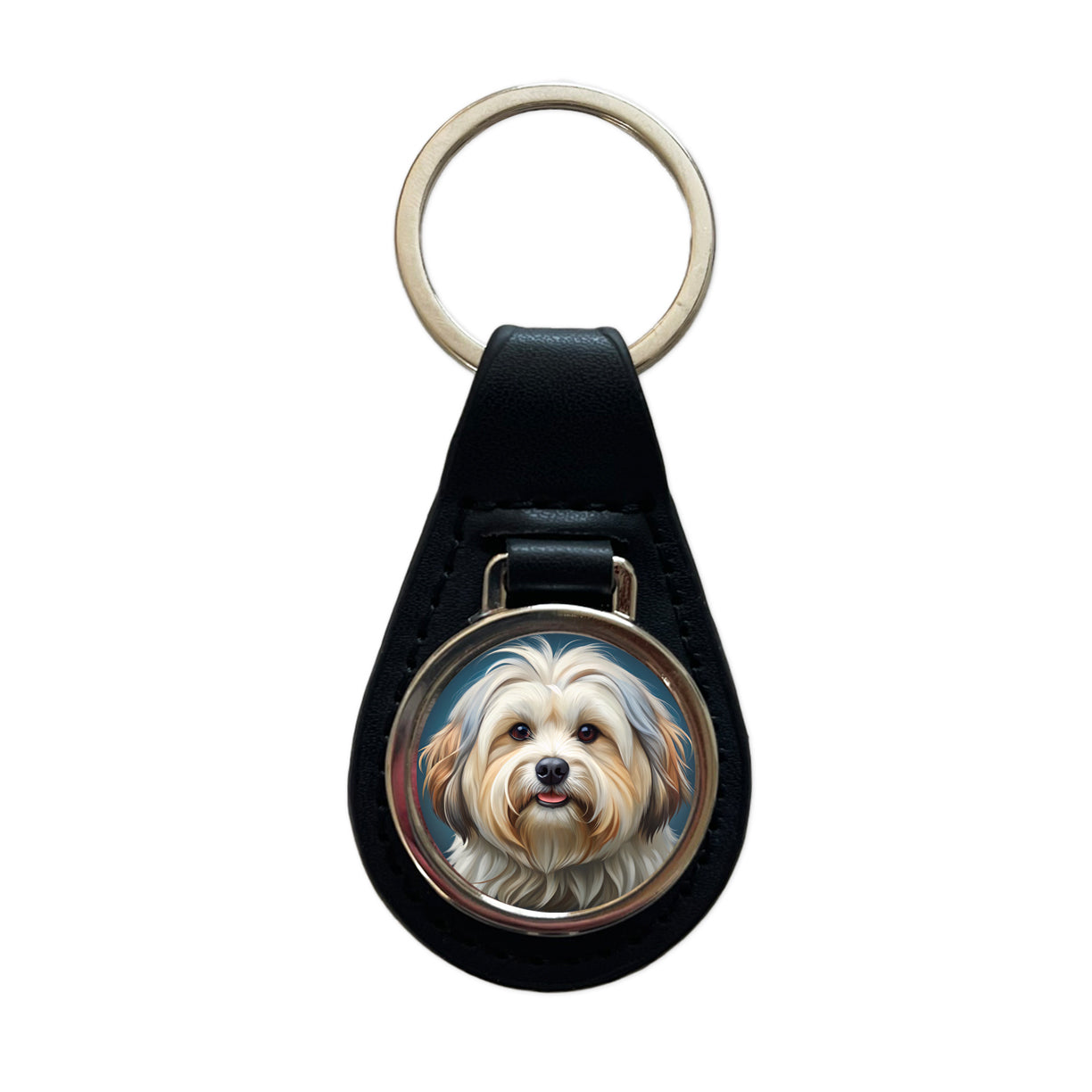 Lhasa Apso Dog Illustration Black Leather Metal Keychain