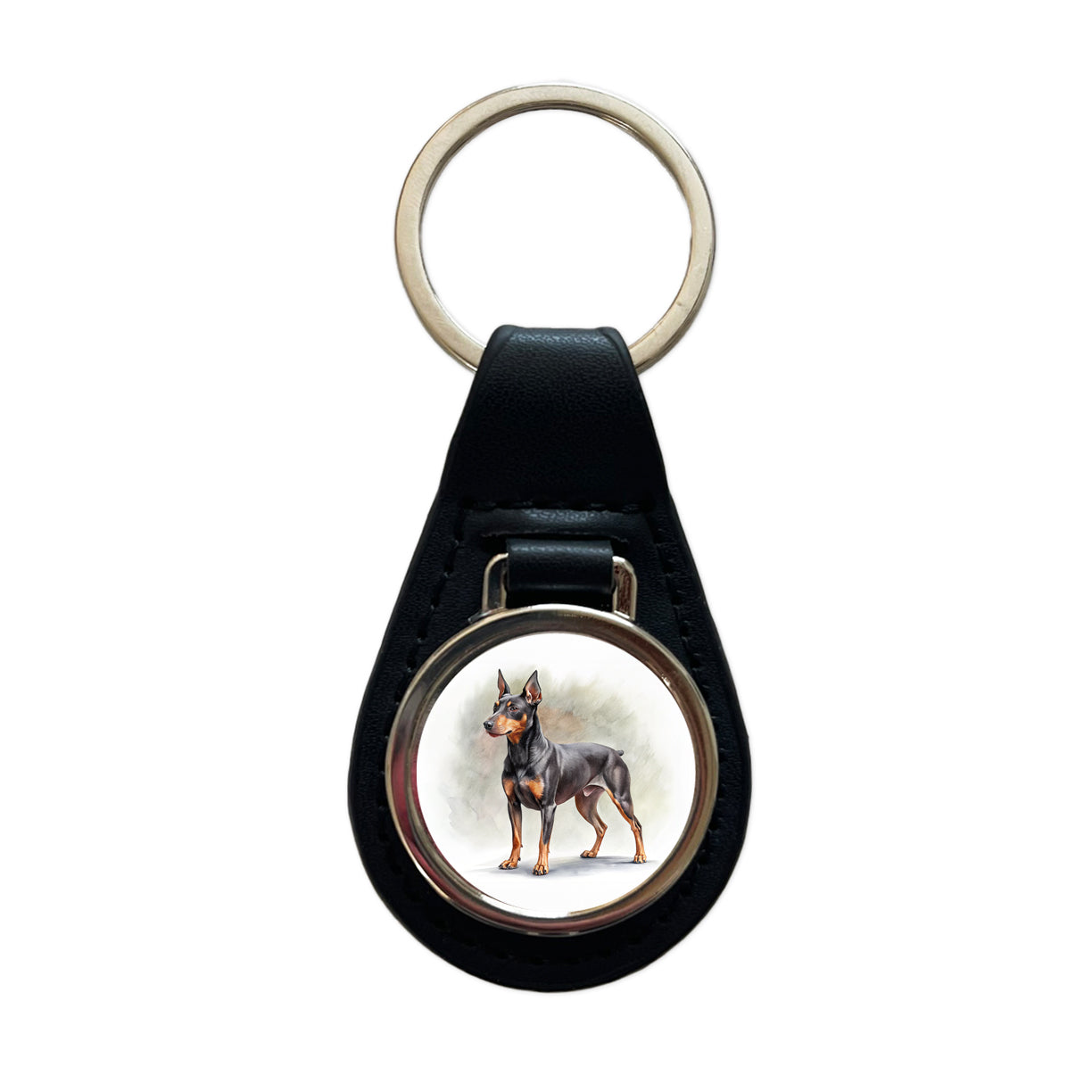 Manchester Terrier Dog Illustration Black Leather Metal Keychain