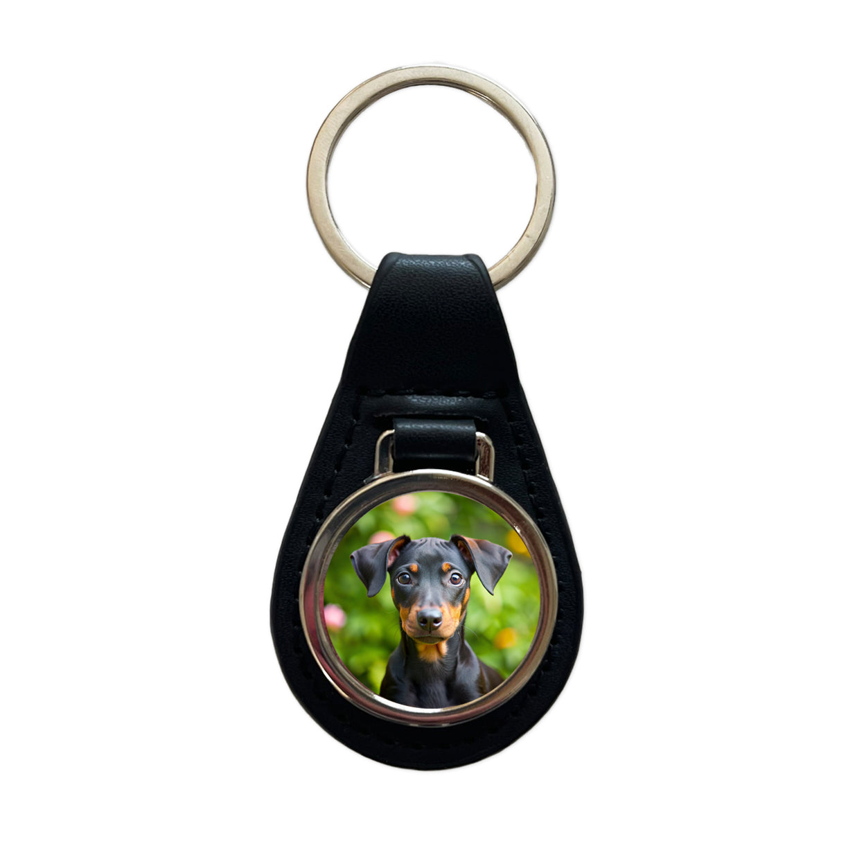 Manchester Terrier Dog Puppy Photo Black Leather Metal Keychain