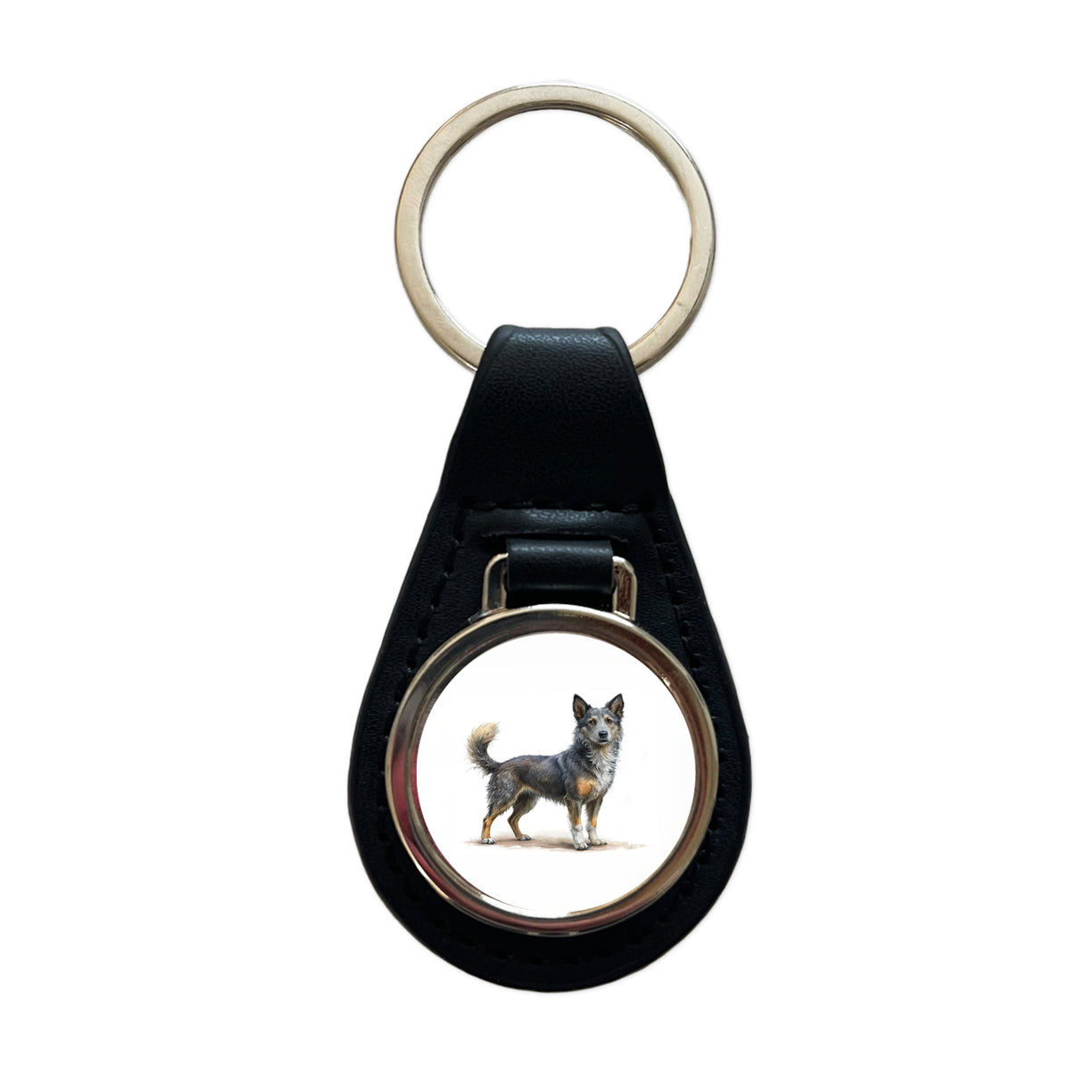 Mudi Dog Illustration Black Leather Metal Keychain