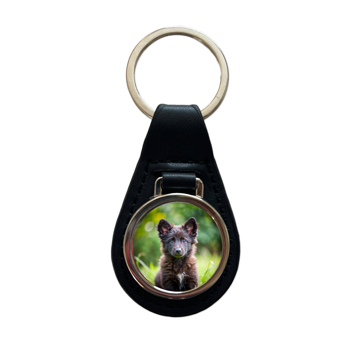 Mudi Dog Puppy Photo Black Leather Metal Keychain