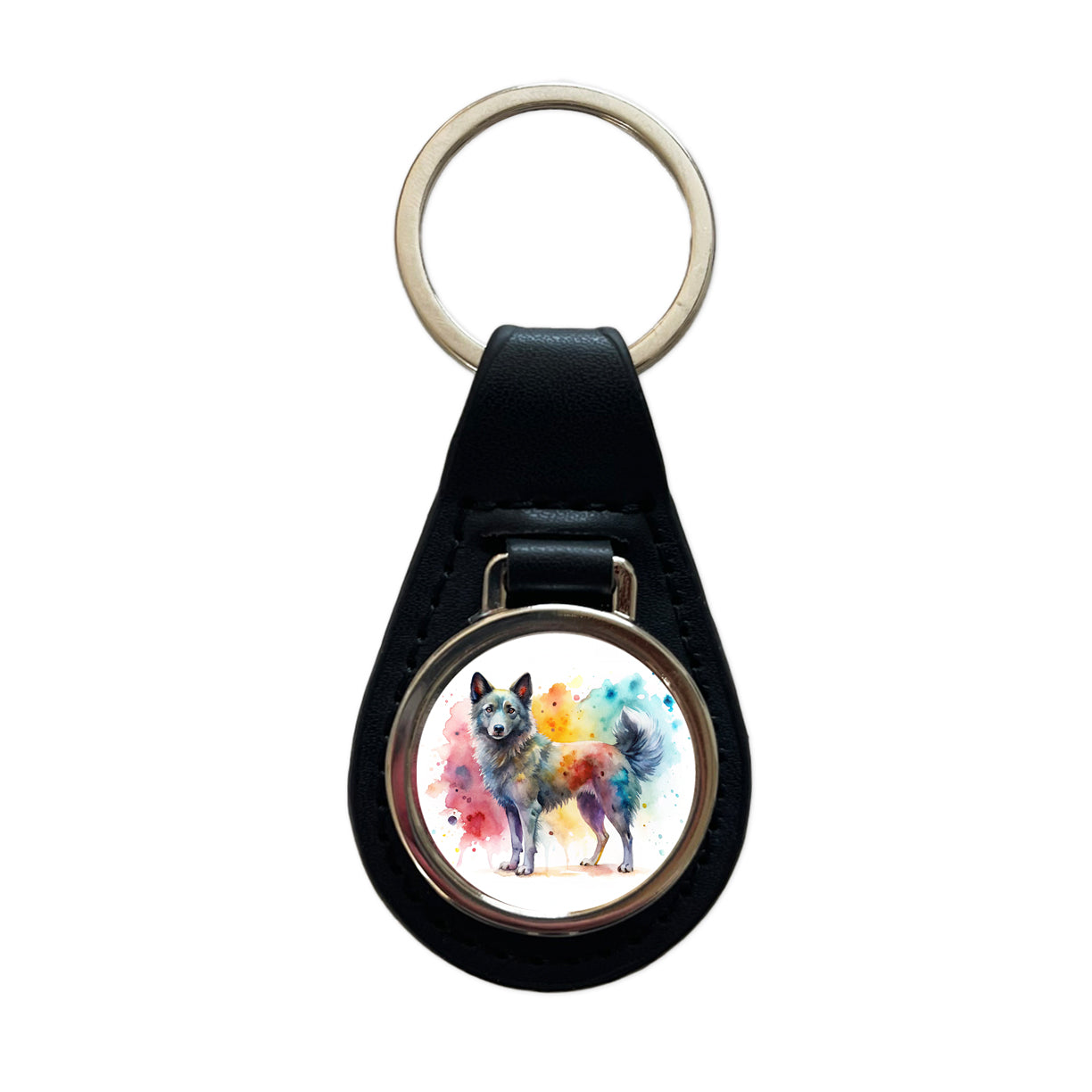 Mudi Dog Watercolor Style Black Leather Metal Keychain
