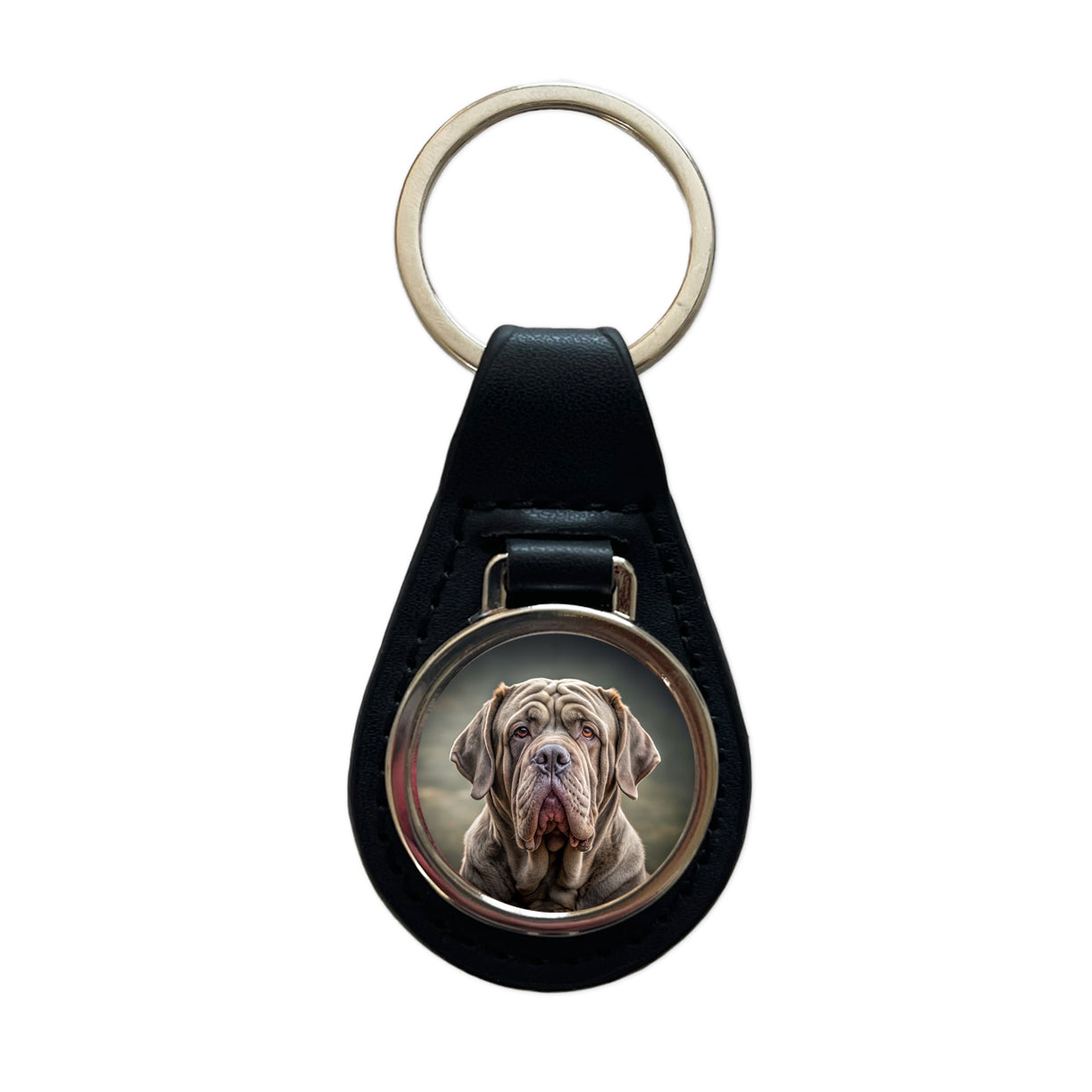Neapolitan Mastiff Dog Photo Black Leather Metal Keychain