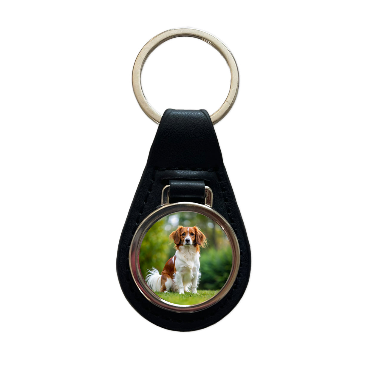 Nederlandse Kooikerhondje Dog Photo Black Leather Metal Keychain