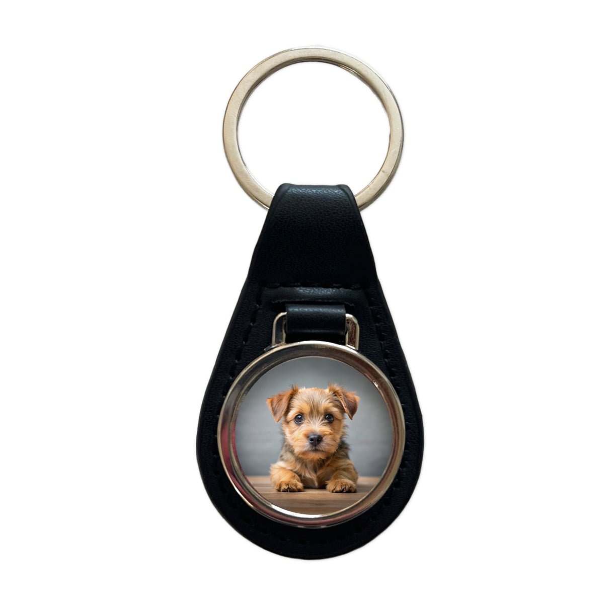 Norfolk Terrier Dog Puppy Photo Black Leather Metal Keychain