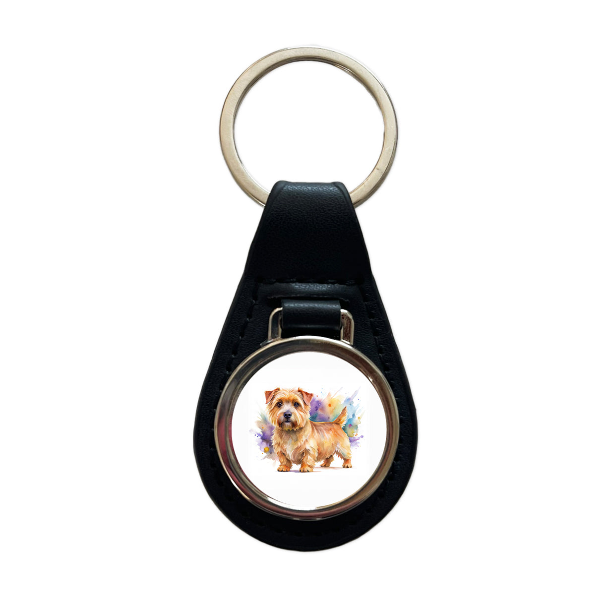Norfolk Terrier Dog Watercolor Style Black Leather Metal Keychain