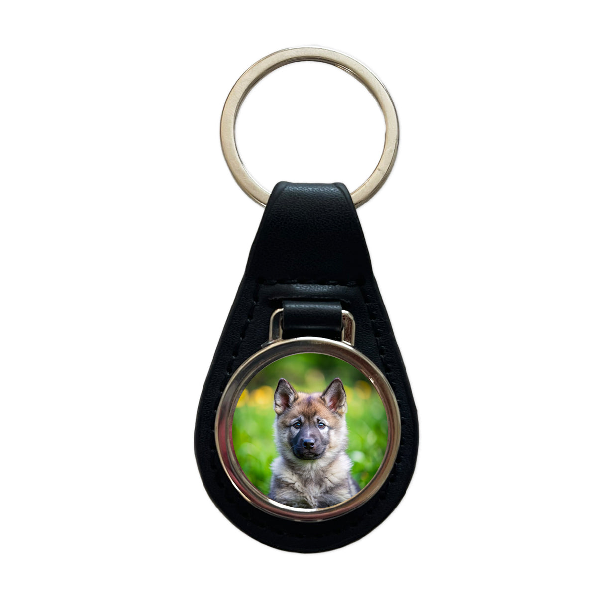 Norwegian Elkhound Dog Puppy Photo Black Leather Metal Keychain