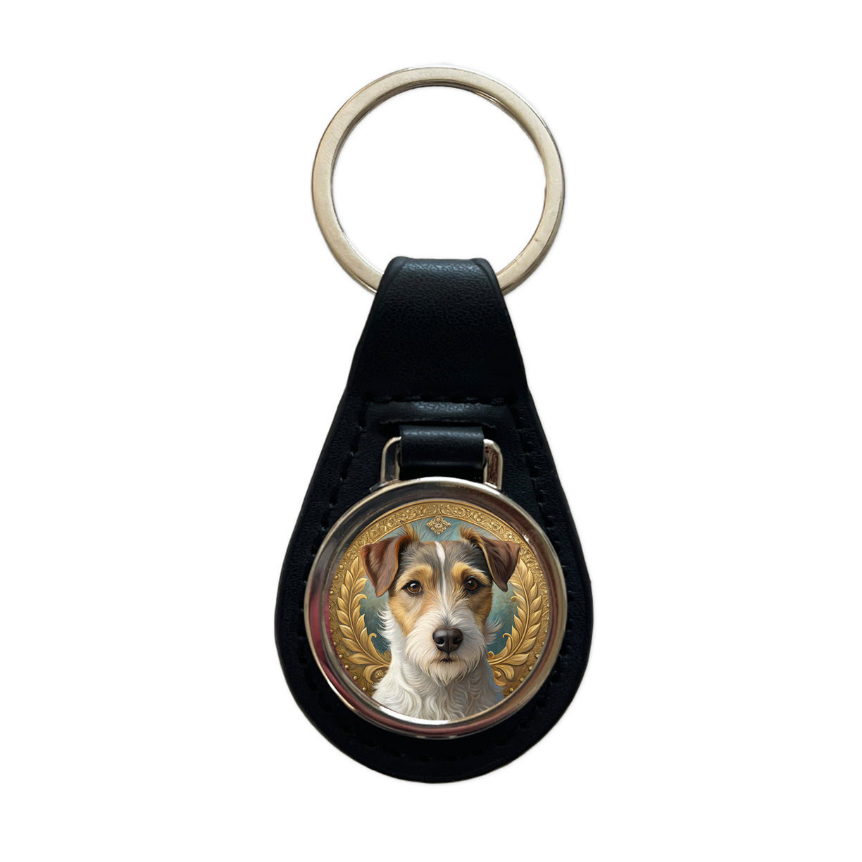 Parson Russell Terrier Dog Art Nouveau Black Leather Metal Keychain