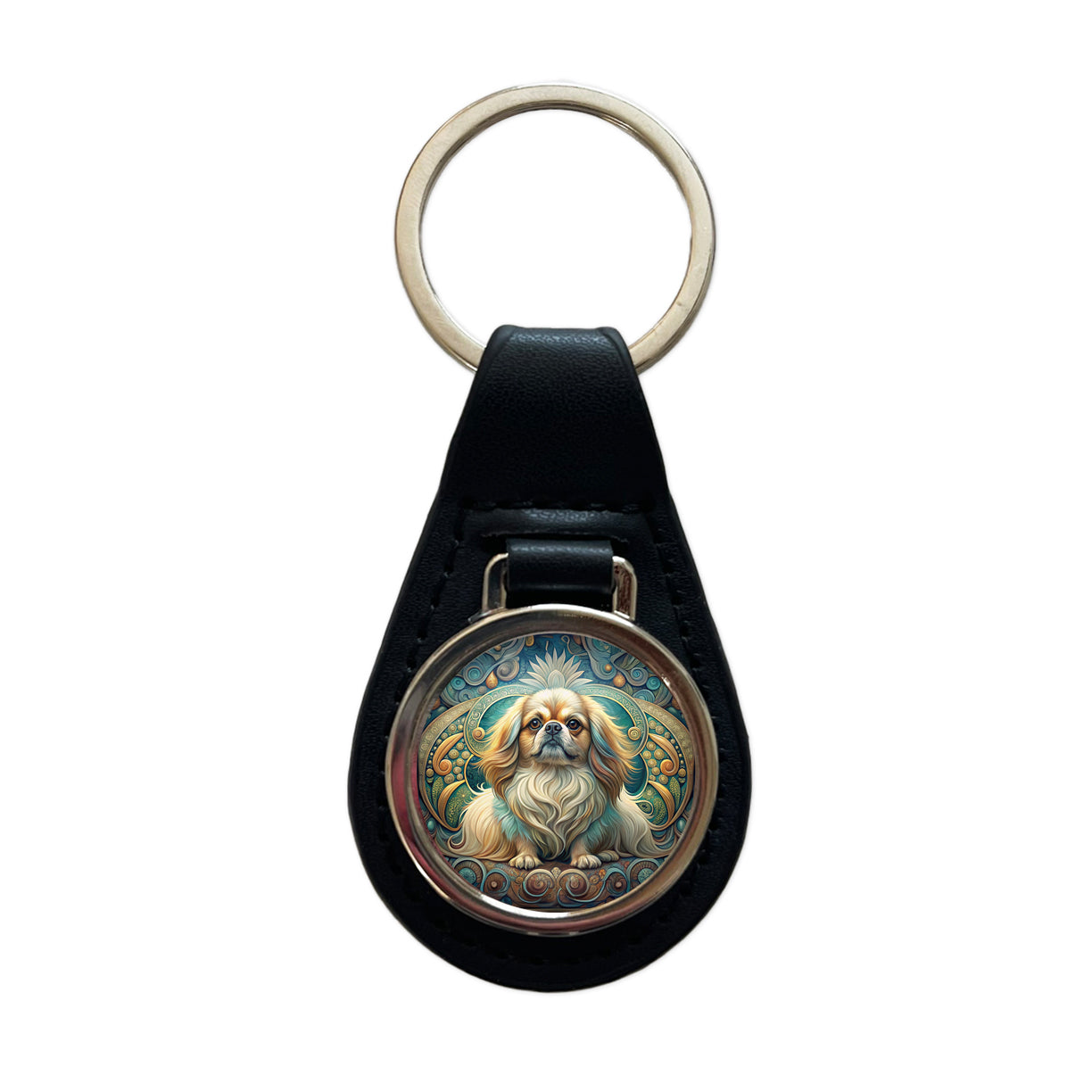 Pekingese Dog Art Nouveau Black Leather Metal Keychain