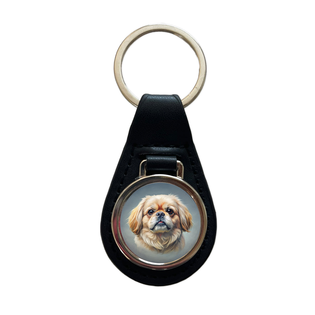 Pekingese Dog Illustration Black Leather Metal Keychain