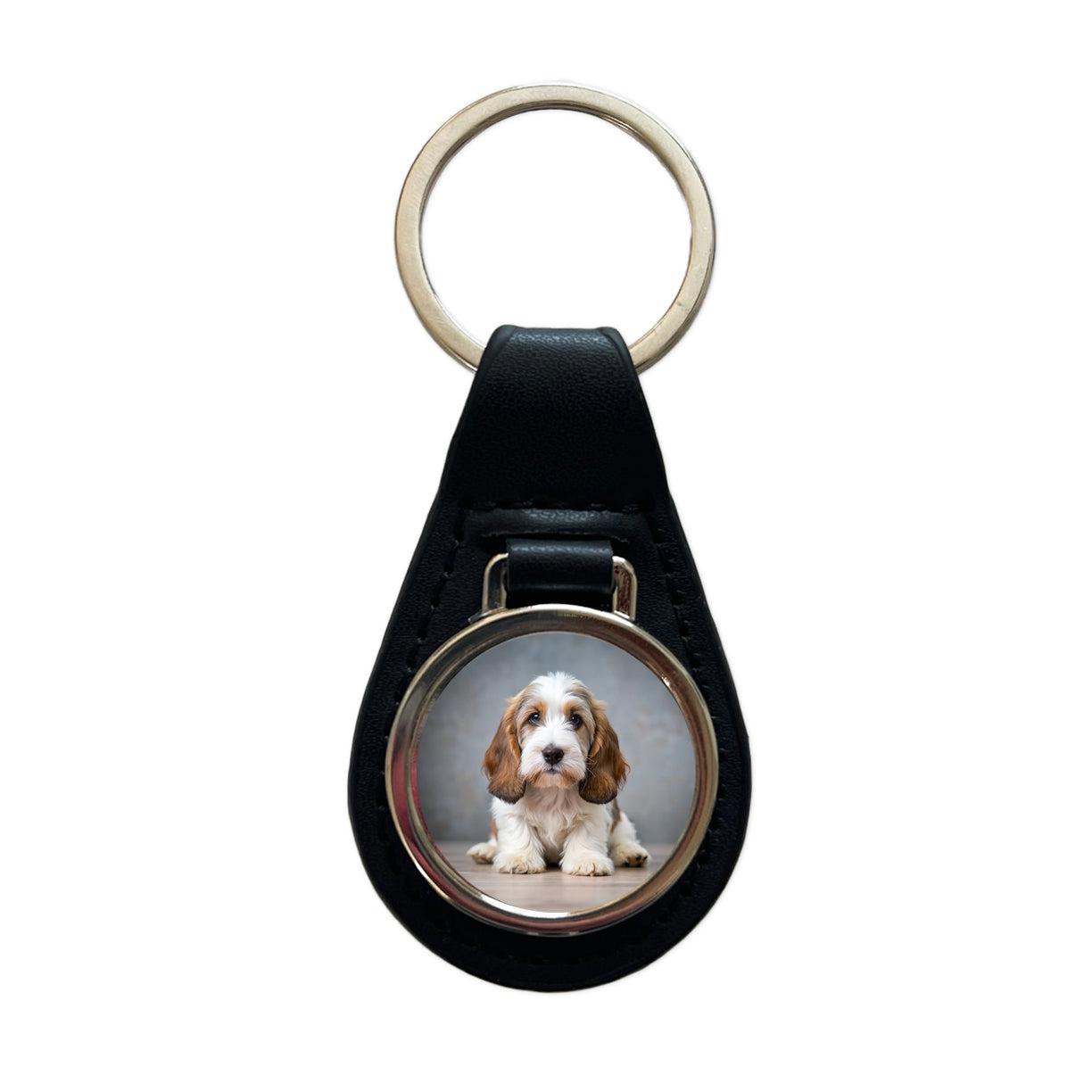 Petit Basset Griffon Vendeen Dog Puppy Photo Black Leather Metal Keychain