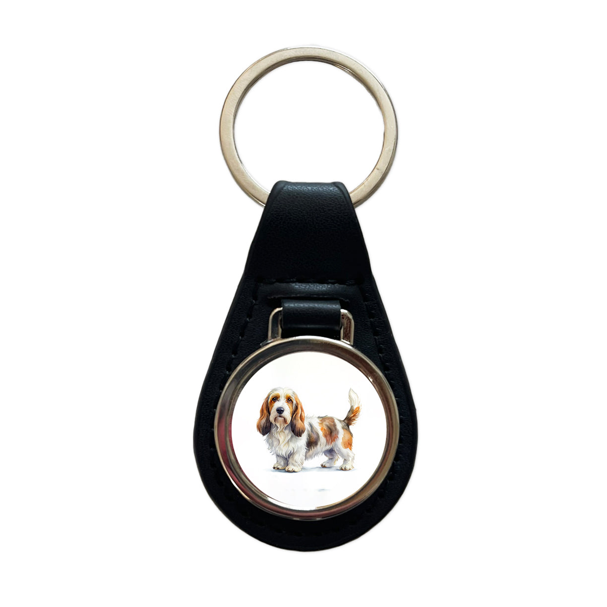Petit Basset Griffon Vendeen Dog Watercolor Style Black Leather Metal Keychain
