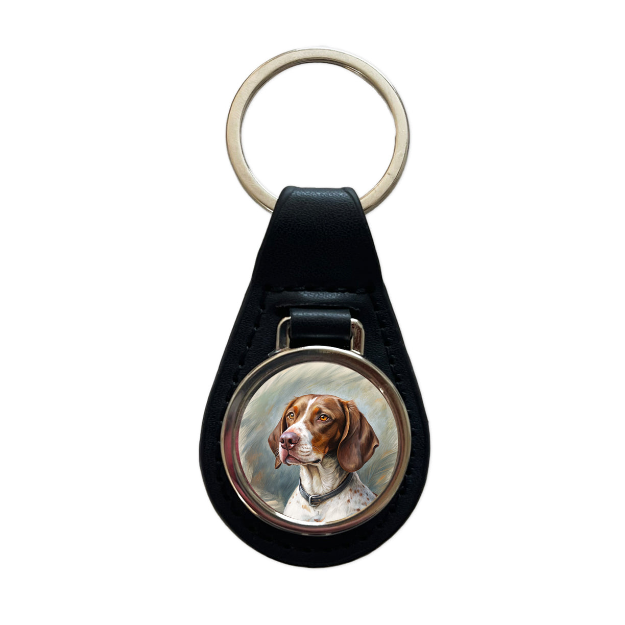 Pointer Dog Illustration Black Leather Metal Keychain
