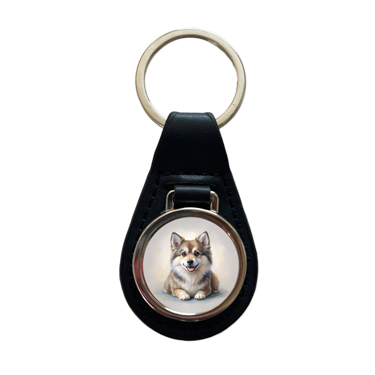 Pomsky Dog Illustration Black Leather Metal Keychain