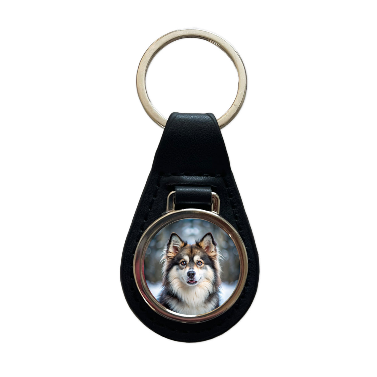 Pomsky Dog Photo Black Leather Metal Keychain