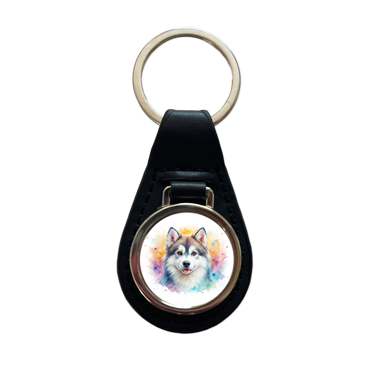 Pomsky Dog Watercolor Style Black Leather Metal Keychain