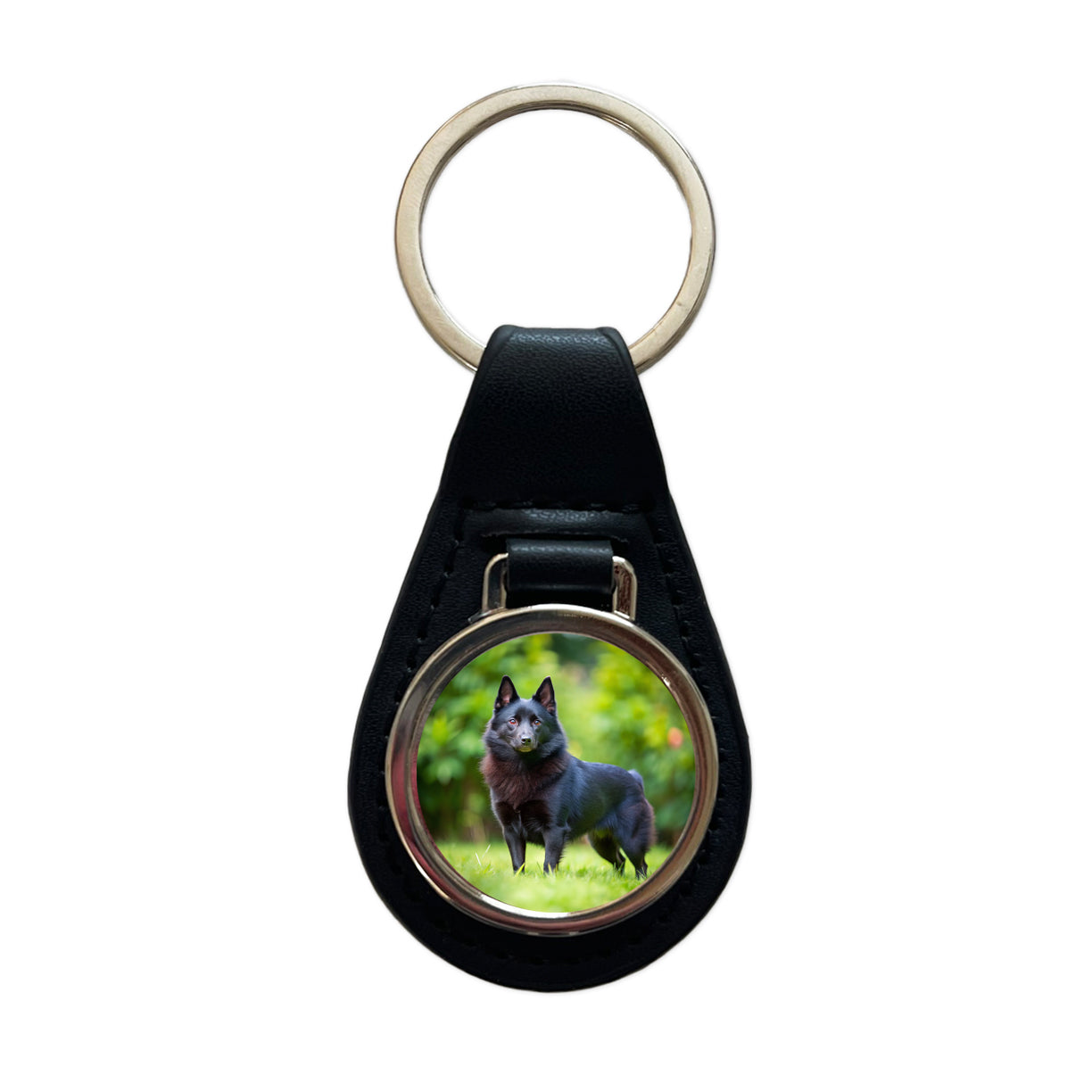 Schipperke Dog Photo Black Leather Metal Keychain
