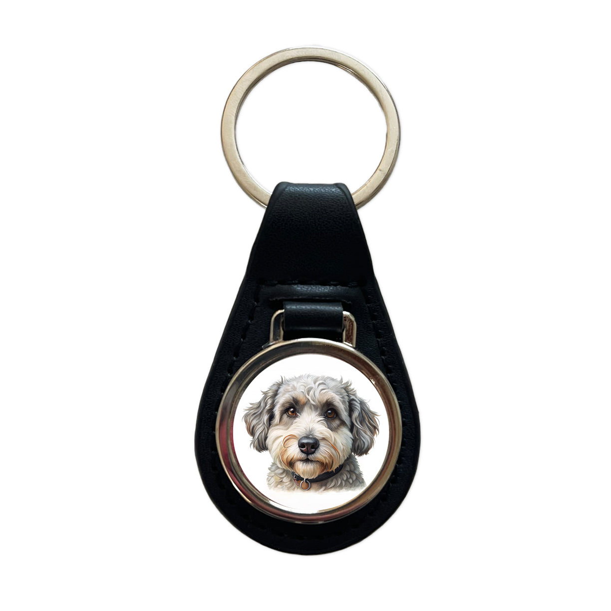 Schnoodle Dog Illustration Black Leather Metal Keychain