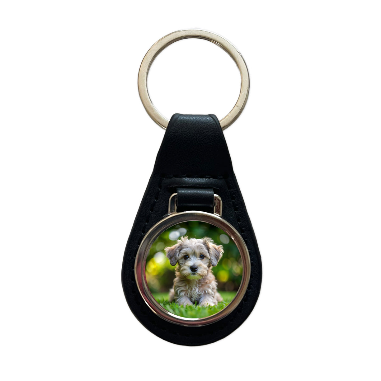 Schnoodle Dog Puppy Photo Black Leather Metal Keychain