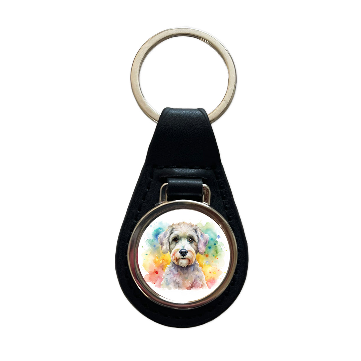 Schnoodle Dog Watercolor Style Black Leather Metal Keychain