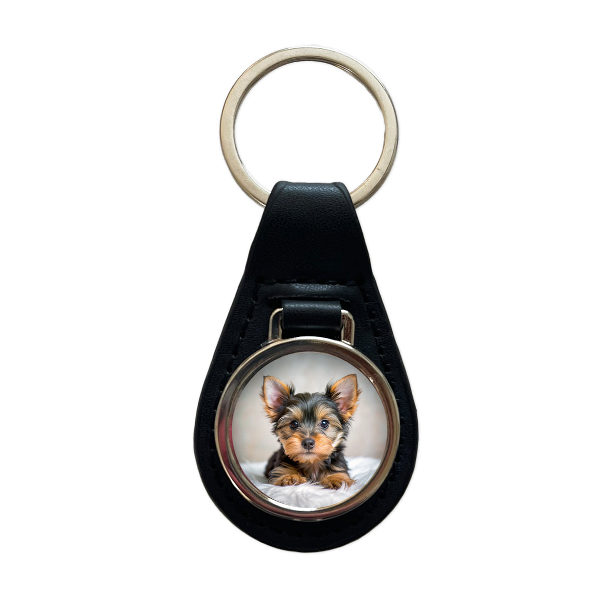Silky Terrier Dog Puppy Photo Black Leather Metal Keychain