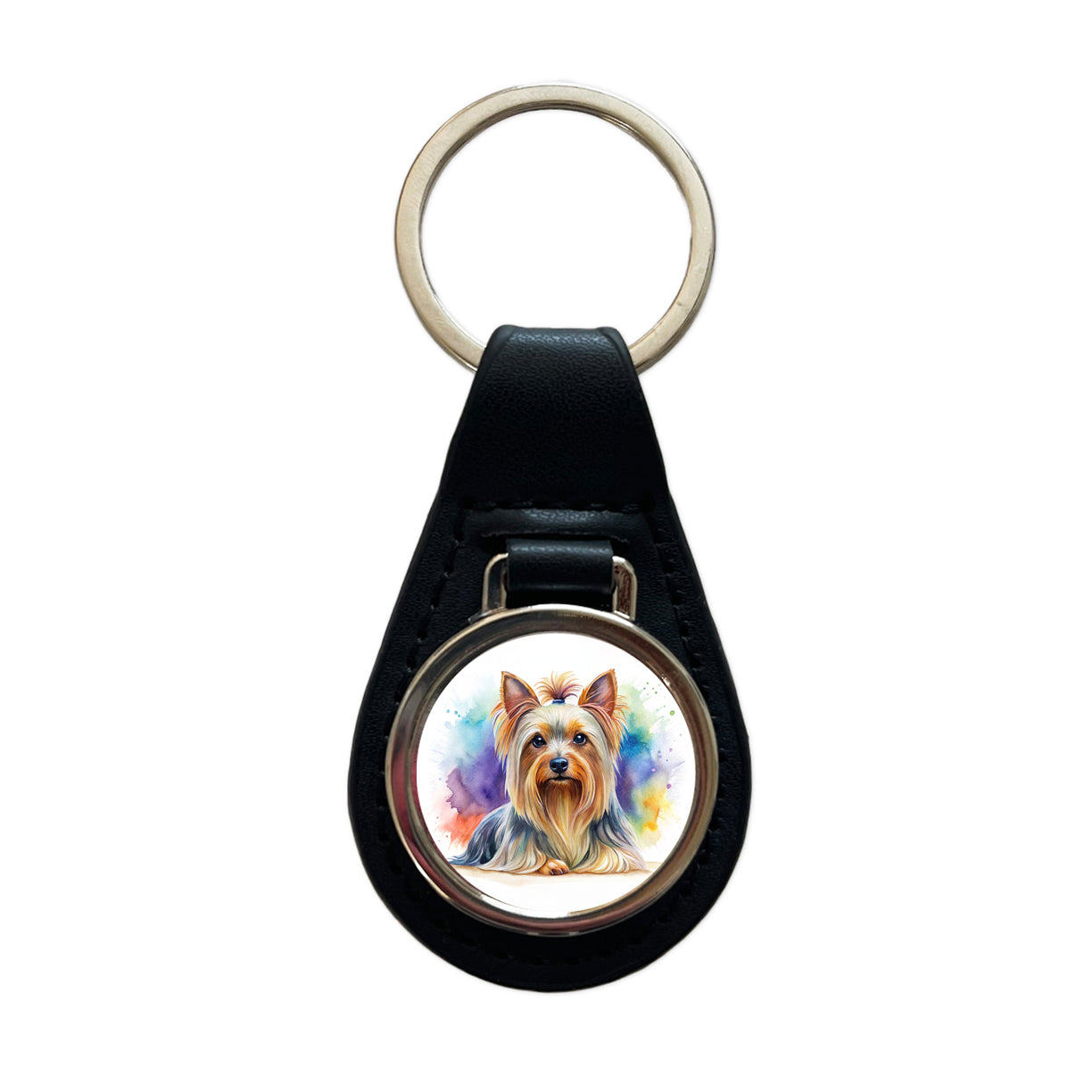 Silky Terrier Dog Watercolor Style Black Leather Metal Keychain